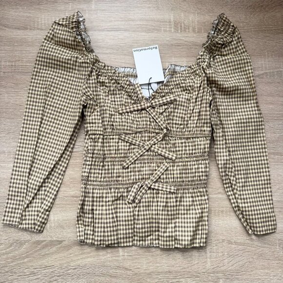 NWT Reformation Lauryn Checkered Quarter Sleeve Bow Top Brown 8 - Picture 6 of 17